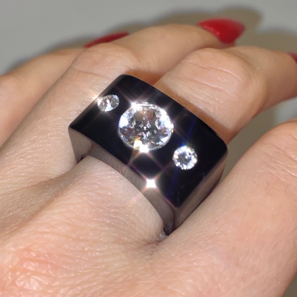 Women’s Crystal Ring, Black Acrylic, Cube Shaped Ring, Crystal Gemstone Ring - Picture 7 of 16